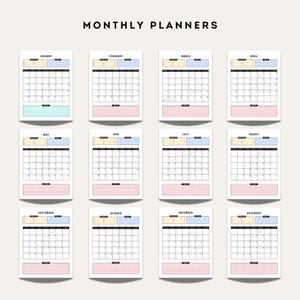 Twelve monthly equestrian planner pages for January through December featuring calendars, goals sections, and horse line-art illustrations.