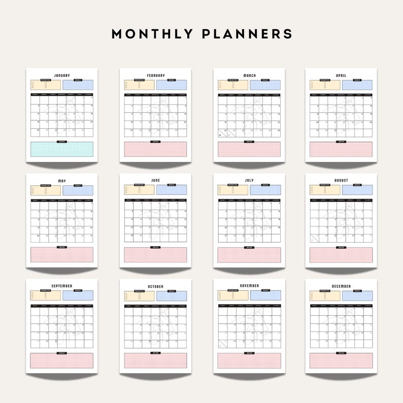 Twelve monthly equestrian planner pages for January through December featuring calendars, goals sections, and horse line-art illustrations.