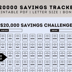 Desafío de ahorro 20000, Desafío de ahorro de 100 sobres 20K imprimible, PDF tamaño carta