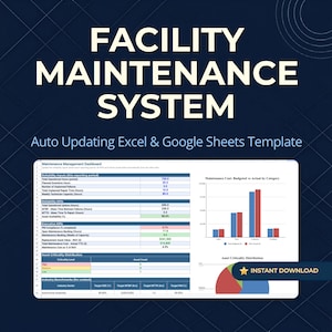 Könnte beinhalten: Eine digitale Vorlage für ein Anlagenwartungssystem für Excel und Google Sheets. Die Benutzeroberfläche zeigt ein Wartungsmanagement-Dashboard mit Zuverlässigkeitseingaben, KPIs, Führungskennzahlen, Anlagenkritikalitätsverteilung und Benchmarks.