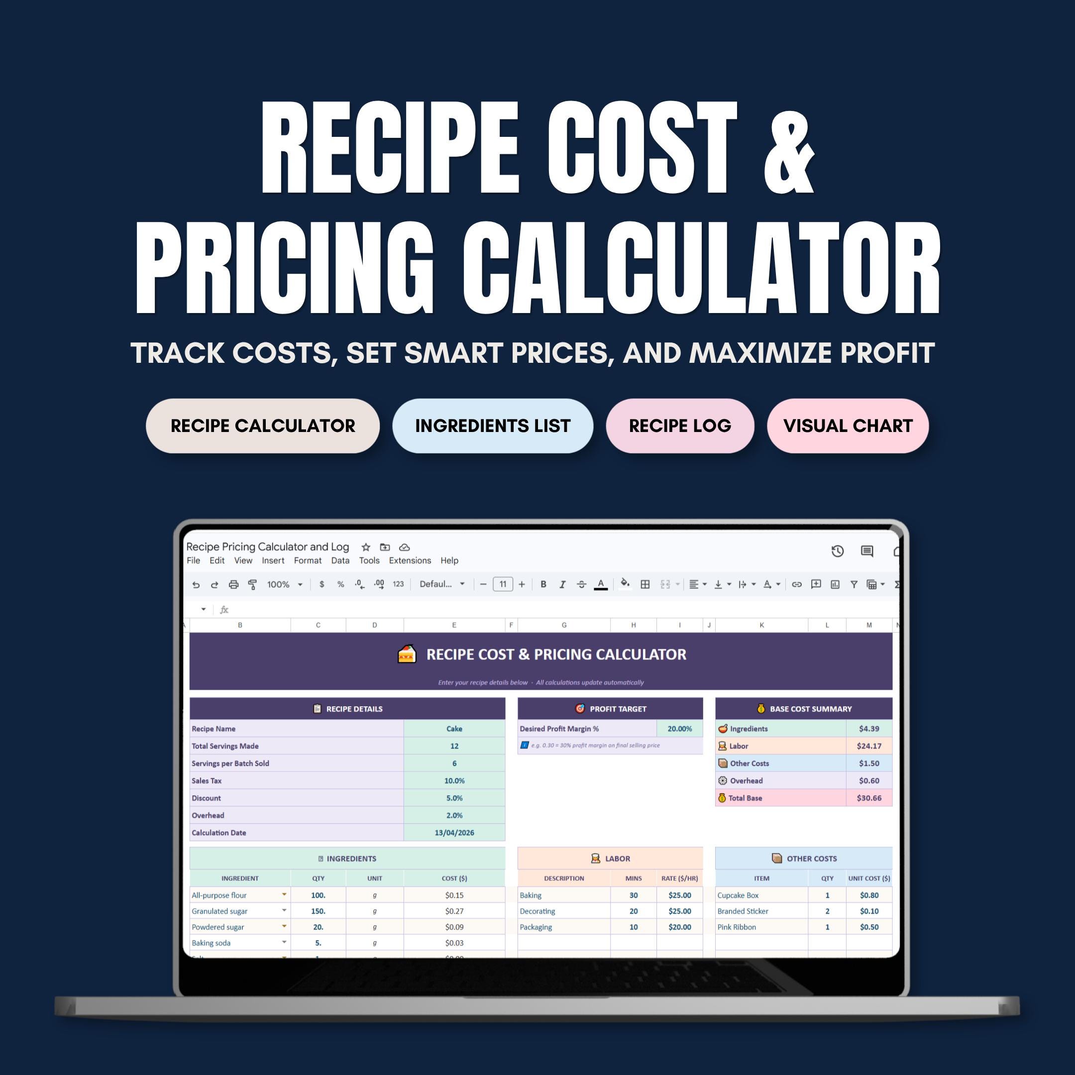 Home Baker Recipe Cost Calculator Spreadsheet | Baking Business Pricing ...