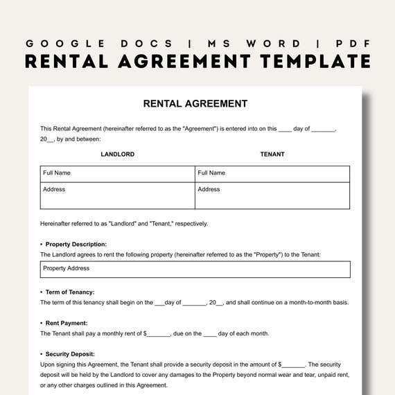 Rental Agreement Templates | Simple Editable Rental Agreements Form | Printable Lease | Fillable Rent Contract | Google Docs | Word | PDF