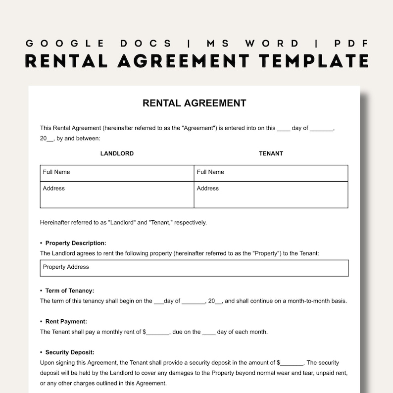 Editable rental agreement template google docs word pdf fillable