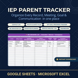 Op de afbeelding: Een digitale IEP Parent Tracker-sjabloon met een paars en wit ontwerp. De sjabloon bevat secties voor contactlogs, gezondheidsplannen en gedragslogs. De tekst "Direct downloaden" is zichtbaar, samen met de woorden "Google Sheets" en "Microsoft Excel."