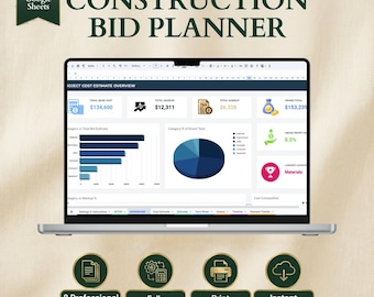 Spreadsheet voor biedplanner voor constructie | Google Spreadsheets | Kostenraming, factuur, tijdlijn, betalingstracker, dashboard, termijnoverzicht