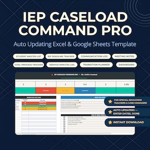 Może przedstawiać: Cyfrowy szablon "IEP Caseload Command Pro" dla nauczycieli edukacji specjalnej i opiekunów spraw. Zawiera listę uczniów, śledzenie terminów i dziennik komunikacji. Automatyczna aktualizacja i natychmiastowe pobieranie.