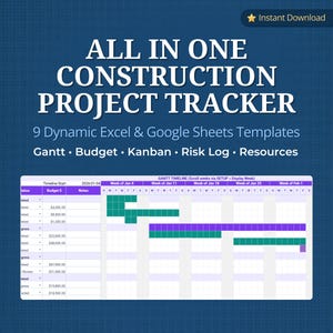 May include: A digital construction project tracker template featuring the text ALL IN ONE CONSTRUCTION PROJECT TRACKER and 9 Dynamic Excel & Google Sheets Templates. It includes a Gantt chart with green and purple bars on a grid.