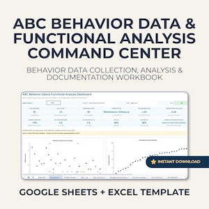 May include: ABC Behavior Data & Functional Analysis Command Center workbook, a digital template for Google Sheets and Excel. The interface displays a dashboard with data metrics, behavior rate charts, and cumulative records for tracking student incidents.