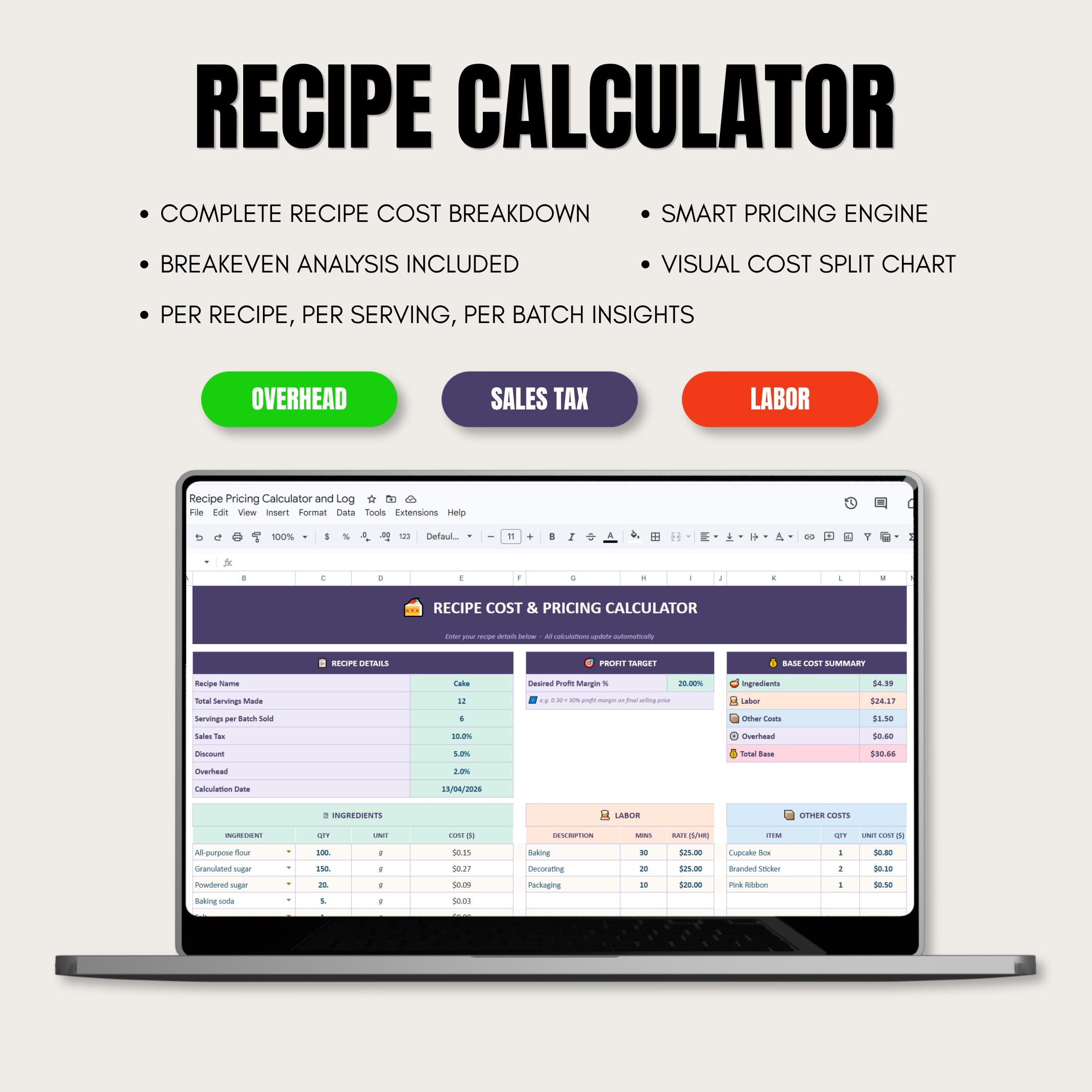 Home Baker Recipe Cost Calculator Spreadsheet | Baking Business Pricing ...