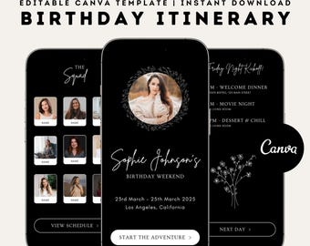May include: A black and white digital phone screen mockup with a birthday itinerary for Sophie Johnson's birthday weekend. The itinerary includes a welcome dinner, movie night, and dessert and chill. The screen also includes a photo of Sophie Johnson and a list of names.