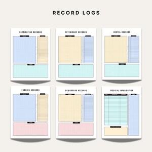 Equestrian record log pages for vaccination, veterinary, dental, farrier, deworming, and medical information with history and schedule sections.