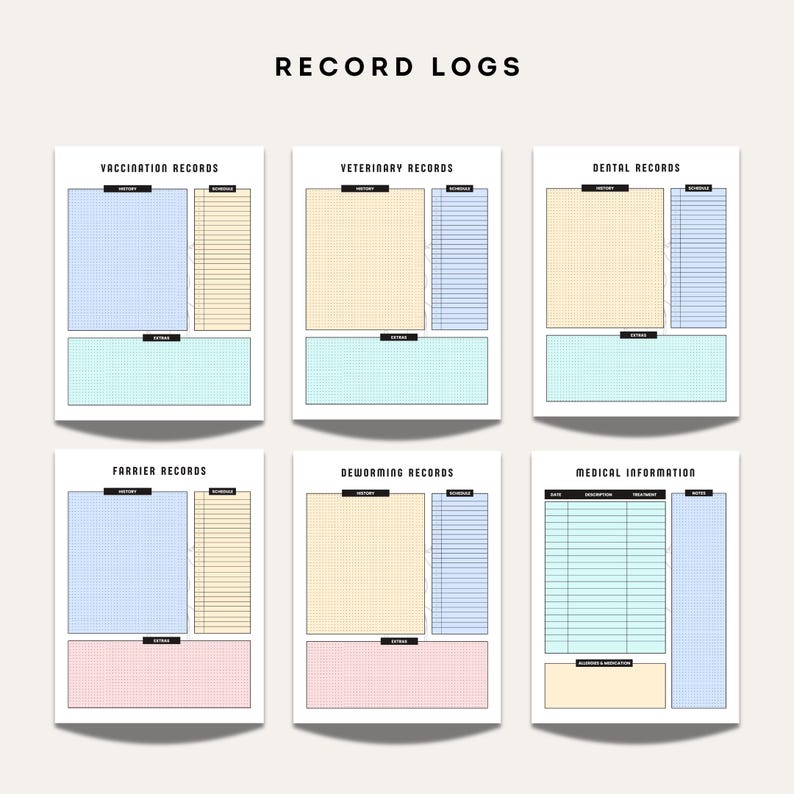 Equestrian record log pages for vaccination, veterinary, dental, farrier, deworming, and medical information with history and schedule sections.