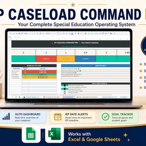 Op de afbeelding: Een laptop met de interface "IEP Caseload Command Pro". Het scherm toont een spreadsheet met kleurgecodeerde secties en gegevensvelden. Tekst bevat "Auto Dashboard" en "Goal Tracker". Werkt met Excel en Google Sheets.