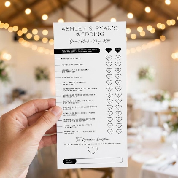 Apostas para Casamento | Cartões de Apostas Mais/Menos | Jogos para o Coquetel | Cartões de Apostas Personalizados para Casamento | Modelo Editável no Canva