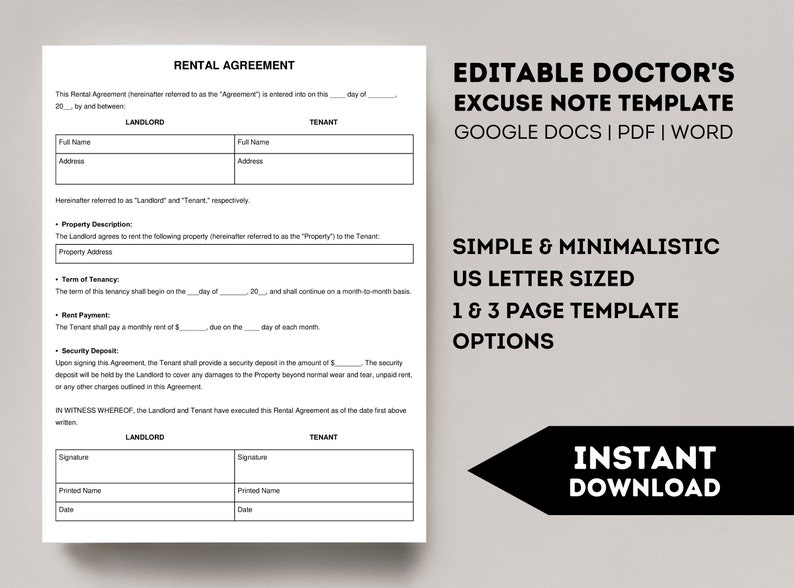 Basic Rental Agreement Template, Printable Landlord Forms, Editable Lease Contract, Google Docs, Word, PDF, Simple Rental Agreement Fillable image 3