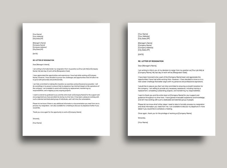 Professional Resignation Letter Template, Editable Two Week Notice Resignation Letter, Google Docs, Word, PDF, Simple Job Resignation Letter image 3