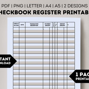 Printable Checkbook Register, Check Register Template, Checkbook Register Sheet, Financial Planner PDF, Ledger, A4, A5, Letter 8.5 x 11 inch