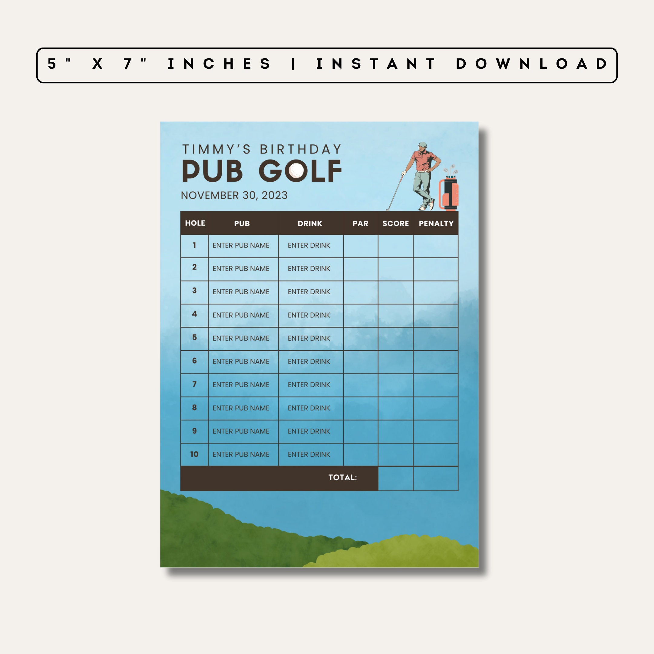 Pub Golf Crawl Scorecard Editable Canva Template Printable Pub Golf 