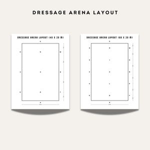 Dressage arena layout diagrams for 40×20 meter and 60×20 meter arenas with letter markers and scale measurements.
