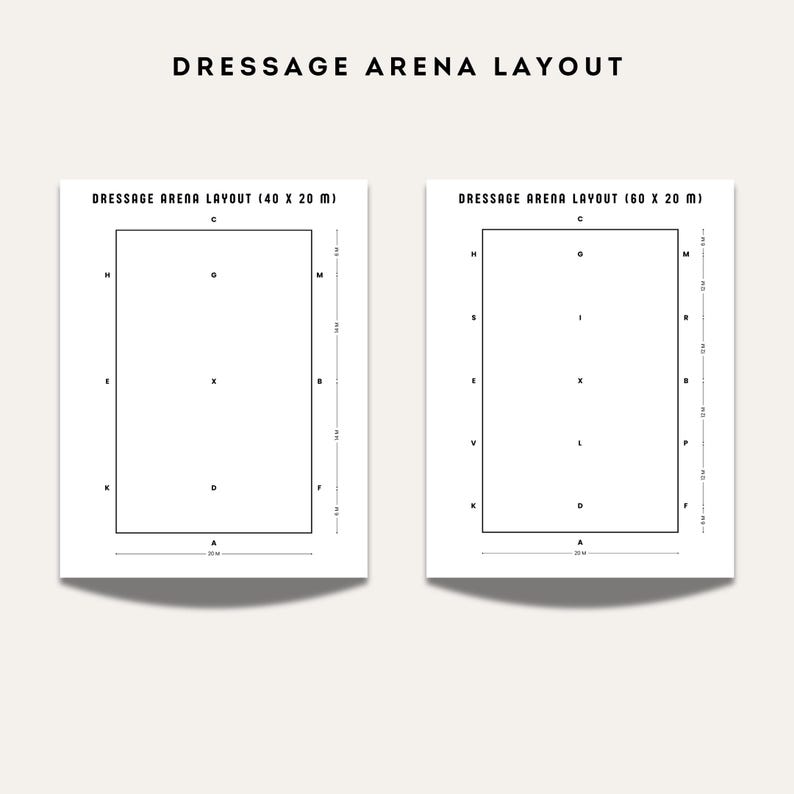 Dressage arena layout diagrams for 40×20 meter and 60×20 meter arenas with letter markers and scale measurements.