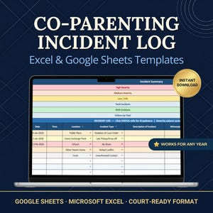 May include: A laptop screen shows a co-parenting incident log template for Excel and Google Sheets. The template includes sections for incident details, severity levels, and a summary. The words "Instant Download" are in a gold circle.