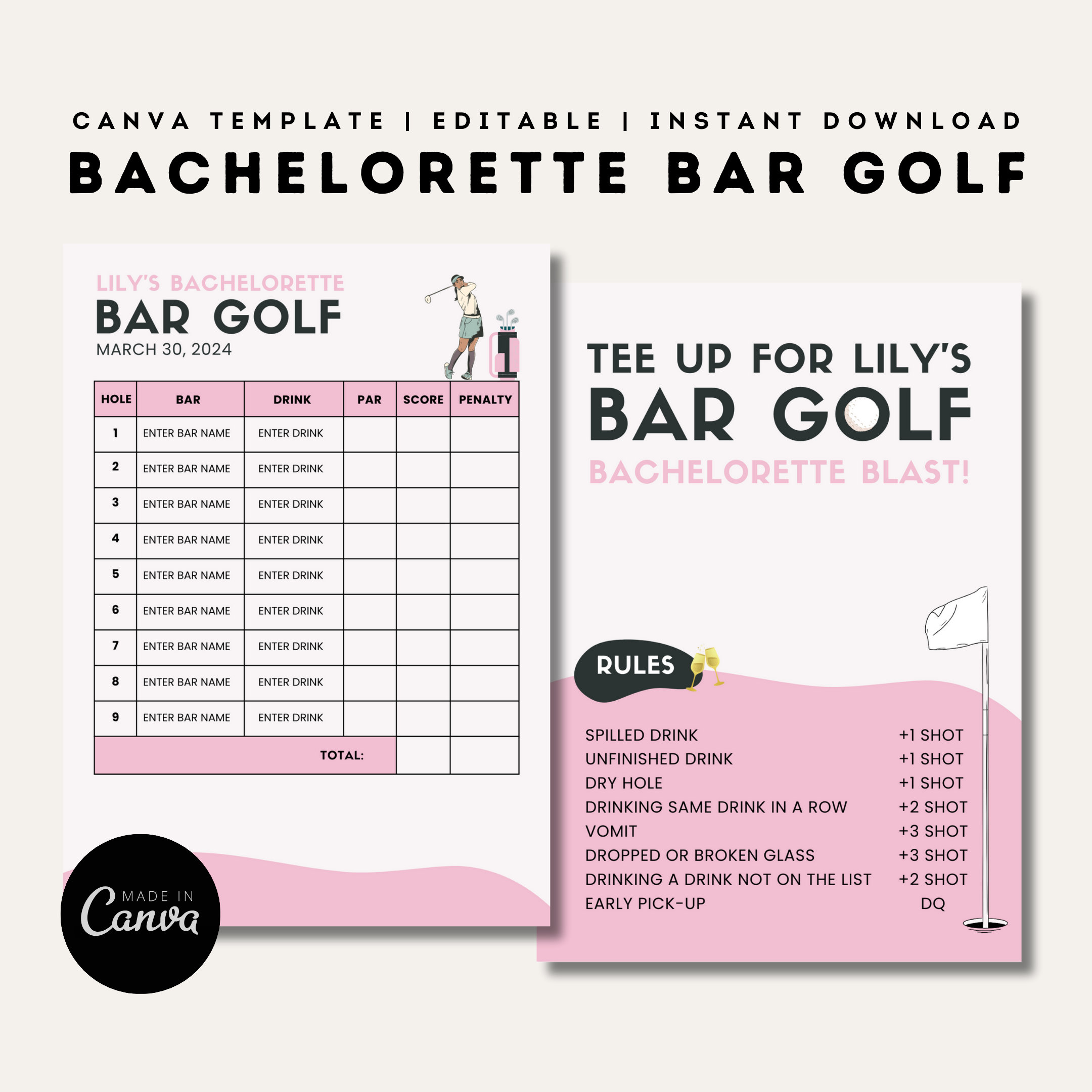 Bar Golf Scorecard Template Bachelorette Invitations Editable Canva ...