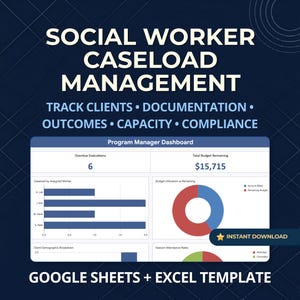 Puede incluir: Una plantilla de panel digital para la gestión de casos de trabajadores sociales, con gráficos para el seguimiento de clientes, documentación, resultados, capacidad y cumplimiento, mostrando métricas de evaluaciones vencidas.