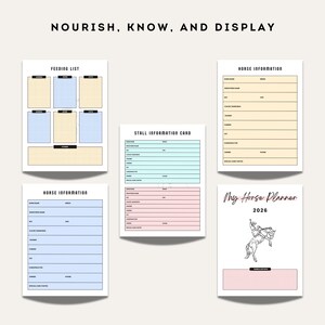 Preview of horse feeding list, stall information card, detailed horse information sheets, and an additional equestrian planner cover for 2026.
