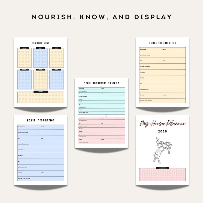Preview of horse feeding list, stall information card, detailed horse information sheets, and an additional equestrian planner cover for 2026.