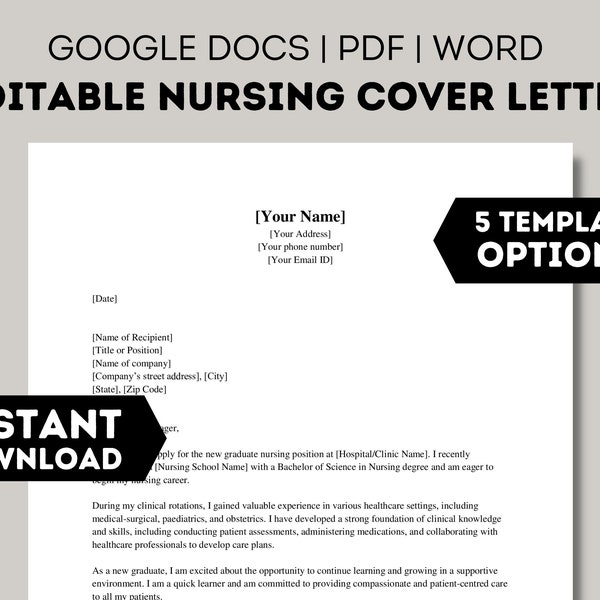 Nursing Cover Letter, Editable New Grad Nurse Cover Letter, RN, New Graduate Nursing Cover Letter, Google Docs, Word, PDF, Entry Level Job