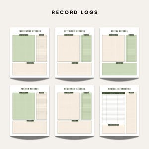 Equestrian record log pages including vaccination records, veterinary records, dental records, farrier logs, deworming records, and medical information sheets.