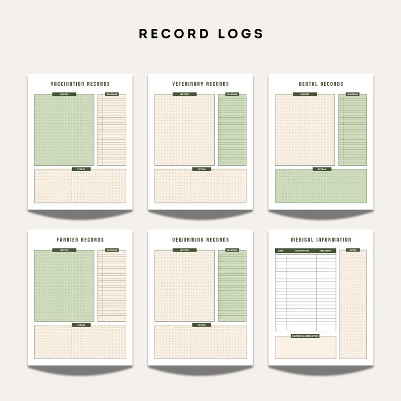 Equestrian record log pages including vaccination records, veterinary records, dental records, farrier logs, deworming records, and medical information sheets.