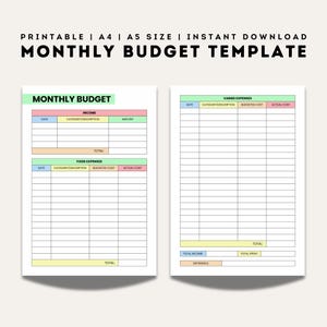May include: Printable monthly budget template in A4 or A5 size. The template is divided into three sections: income, fixed expenses, and varied expenses. Each section has columns for date, category/description, budgeted cost, and actual cost. The template is designed to help you track your income and expenses and create a budget.
