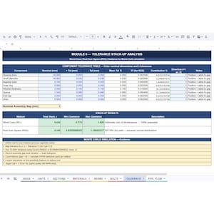 Puede incluir: Una hoja de c&aacute;lculo digital titulada Module 6 Tolerance Stack-Up Analysis. La tabla muestra datos de componentes como el di&aacute;metro del alojamiento, el di&aacute;metro del eje y el rodamiento con dimensiones en mil&iacute;metros y resultados.