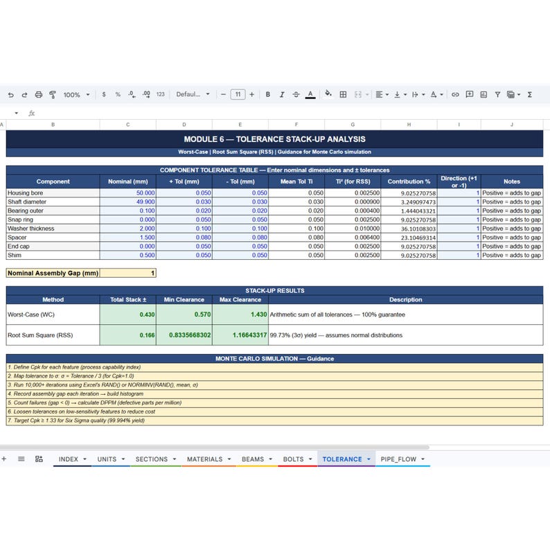 Puede incluir: Una hoja de c&aacute;lculo digital titulada Module 6 Tolerance Stack-Up Analysis. La tabla muestra datos de componentes como el di&aacute;metro del alojamiento, el di&aacute;metro del eje y el rodamiento con dimensiones en mil&iacute;metros y resultados.