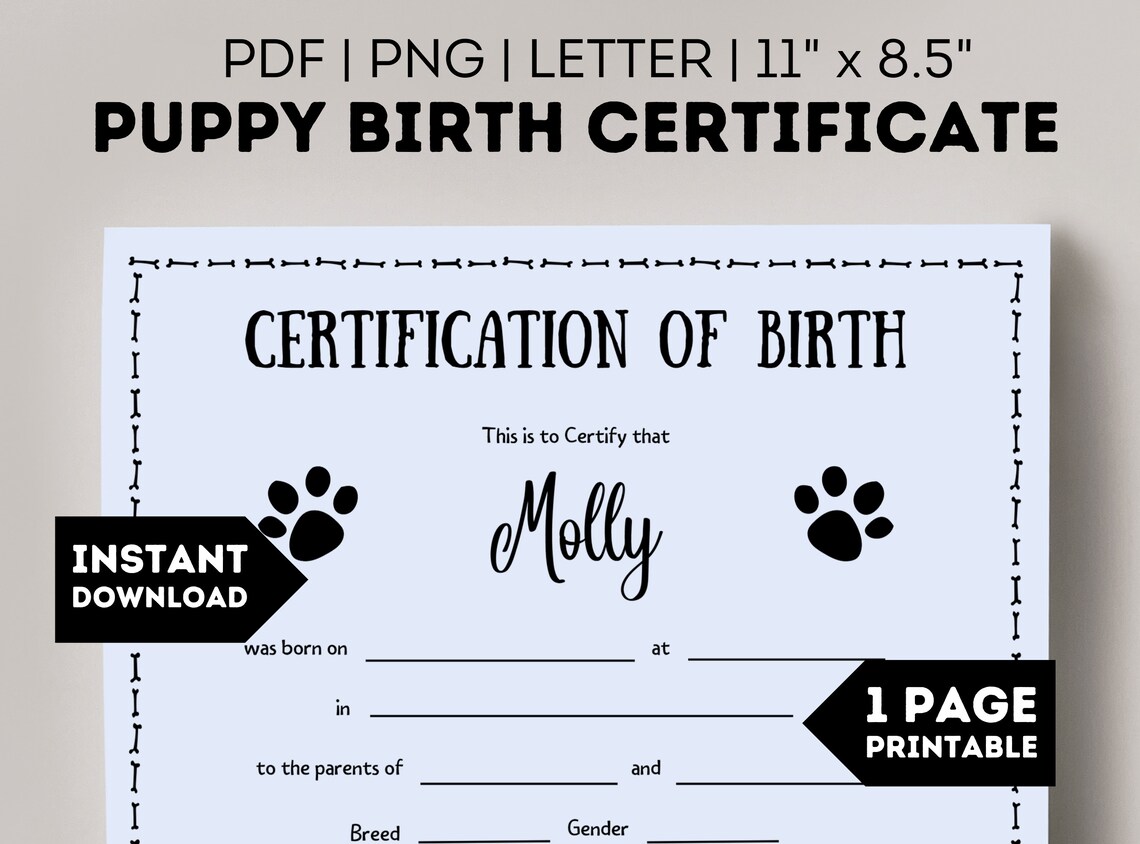 Puppy Birth Certificate, PDF, Printable Puppy Birth Certificate, Blank ...