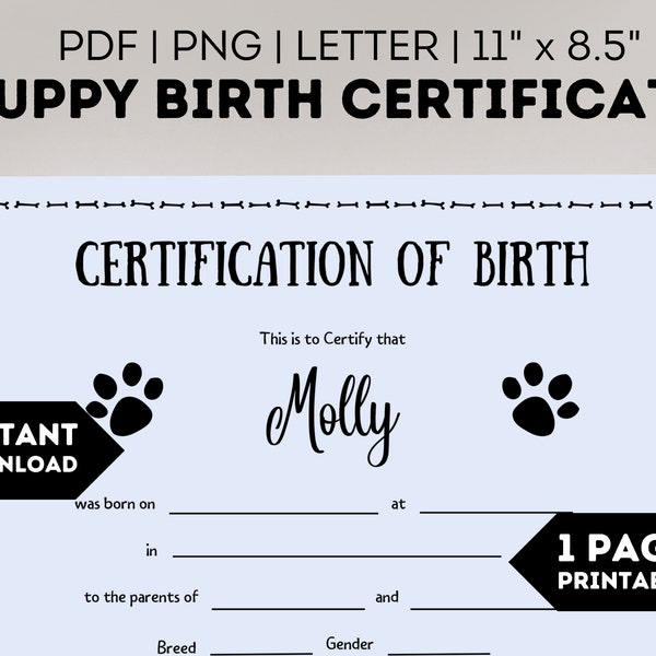 Puppy Birth Certificate, PDF, Printable Puppy Birth Certificate, Blank Puppy Birthday Certificate Template, Pet Adoption Birth Certificate