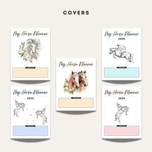 Five cover designs for a 2026 equestrian planner featuring horse illustrations, floral artwork, rider line drawings, and customizable name sections.