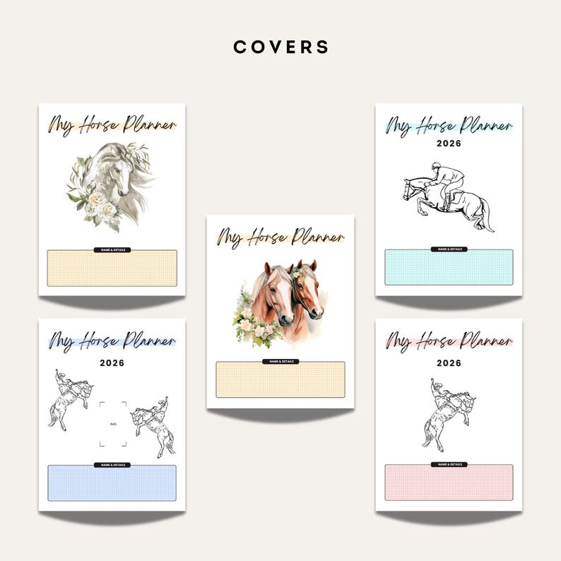 Five cover designs for a 2026 equestrian planner featuring horse illustrations, floral artwork, rider line drawings, and customizable name sections.