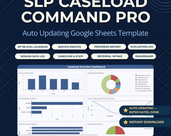 SLP Caseload Tracker Google Sheets-sjabloon, planner voor naleving van IEP-richtlijnen voor logopedie, logboek voor behandelminuten, voortgangsrapport en leeftijdscalculator