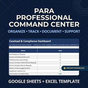 May include: A digital Para Professional Command Center template for Google Sheets and Excel. The interface features a Caseload and Compliance Dashboard with metrics for student caseloads, IEP reviews, service compliance, and behavior tracking.