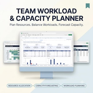 Può includere: Un pianificatore digitale del carico di lavoro e della capacità del team su un monitor, con una dashboard Excel che mostra tabelle di dati, grafici a barre e mappe di calore. Il testo include Team Workload & Capacity Planner, Plan Resources, Balance Workloads, Forecast Capacity, Resource Allocation, Capacity Forecasting e Workload Planning.