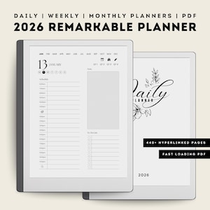 Könnte beinhalten: Ein digitaler Planer mit dem Text "2026 REMARKABLE PLANNER" wird angezeigt. Der Planer enthält tägliche, wöchentliche und monatliche Layouts. Das Cover zeigt florale Designs und die Worte "Daily Planner". Der Planer hat 440+ Hyperlink-Seiten.