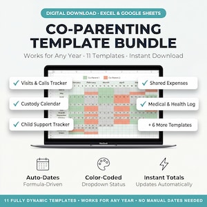 May include: A digital co-parenting template bundle displayed on a MacBook. The screen shows a calendar with color-coded sections. The image includes text such as "Visits & Calls Tracker," "Custody Calendar," and "Shared Expenses."