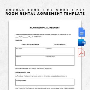 May include: A white document titled "ROOM RENTAL AGREEMENT" with fillable fields for parties and premises details. The document is a template for Google Docs, MS Word, and PDF formats. Icons for these formats are on the right.