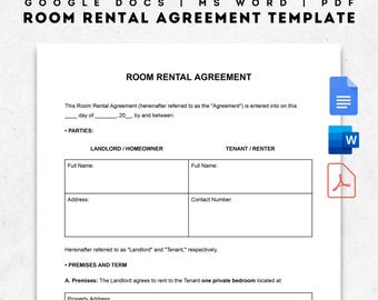 Room Rental Agreement Template, Printable Simple Month to Month Rent Contract, Editable Residential Tenancy Form, Google Docs, Word, PDF