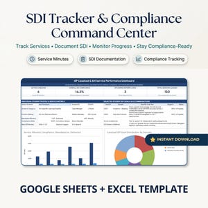 Könnte beinhalten: Eine digitale SDI Tracker & Compliance Command Center Vorlage für Google Sheets und Excel. Das Dashboard zeigt IEP Caseload & SDI Service Performance Metriken, einschließlich Schülerprofilen, Zielverfolgung und einem Kreisdiagramm.