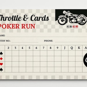 ポーカーランのスコアカードとルールシート（印刷可能）｜モーターサイクルラリーカードトラッカー｜編集可能なCanvaテンプレート（PDF）｜バイカーイベントポーカーカードランキット