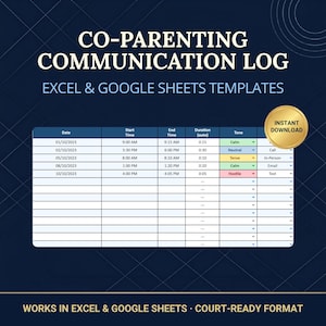 Könnte beinhalten: Eine digitale Vorlage für ein Kommunikationsprotokoll für Co-Parenting. Die blau-weiße Vorlage ist für Excel und Google Sheets konzipiert. Das Protokoll enthält Felder für Datum, Uhrzeit, Dauer und Ton der Kommunikation. Ein goldener Kreis mit den Worten "Sofort-Download" befindet sich oben rechts.