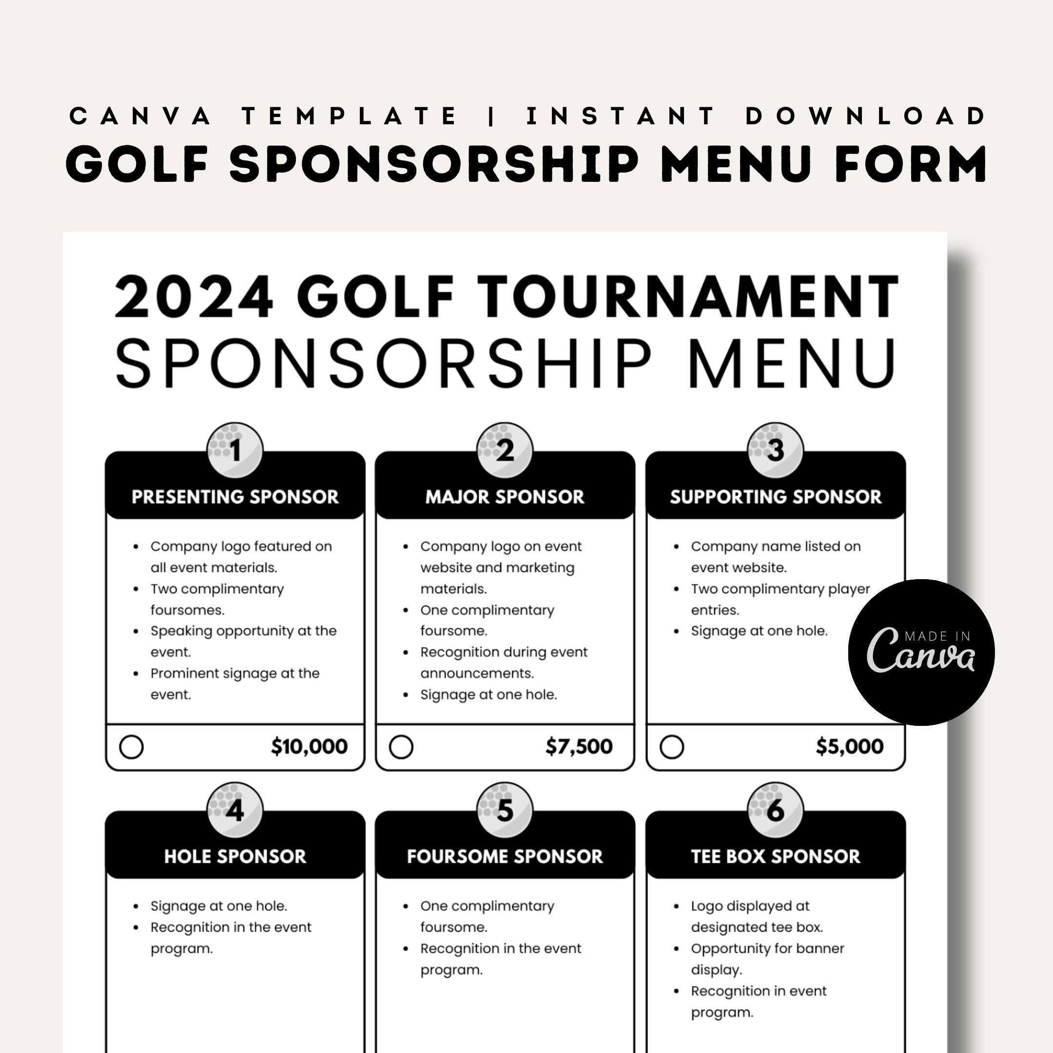 Golf Event Sponsorship Menu | Editable Canva Template | Fundraiser Sponsor Flyer | Charity Golf Tournament Sponsorships Form